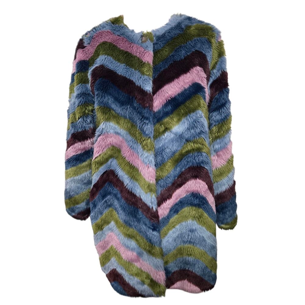 Anthropologie Hutch Chevron Faux Fur Coat Size Small Rainbow Green Blue Pink